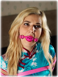 Bondage photo pic picture Bad Dolly rope bondage, ballgag, barefoot, satin, bedroom, blonde, silk, chinese dress, melodrama