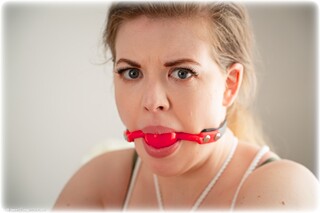 Bondage photo pic picture Bunnie Stevens rope bondage, ballgag, barefoot, brunette, lingerie