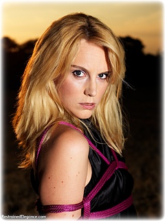 Bondage photo pic picture Ariel Anderssen ballgown, rope bondage, barefoot, satin, outdoor, gag