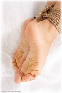 Bondage photo pic picture Foxy gag, rope bondage, ballgown, barefoot, gown, satin, silk, tape gag