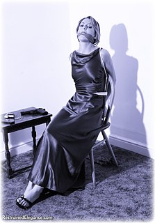 Bondage photo pic picture Sabrina ballgown, rope bondage, satin, shoes, cloth gag