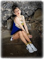 Free bondage photo Chloe Toy rope bondage, shoes, socks, brunette, sportswear, spreader bar, pantyhose, ungagged, uniform, dungeon, cheerleader