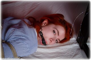 Bondage photo pic picture Nicole rope bondage, ballgag, barefoot, bedroom, blouse, hogtie, skirt, business wear, pencil skirt, redhead