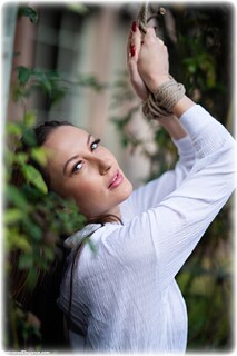 Bondage photo pic picture Sophia Smith rope bondage, barefoot, brunette, outdoor, dress, ungagged