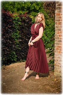 Bondage photo pic picture Lil Missy ballgag, ballgown, barefoot, gown, shackles, blonde, sm factory, leg irons, metal bondage, collar, outdoor, dress, ungagged