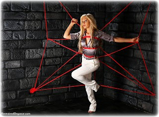 Bondage photo pic picture Paige Robbins rope bondage, barefoot, satin, blouse, silk, suspension